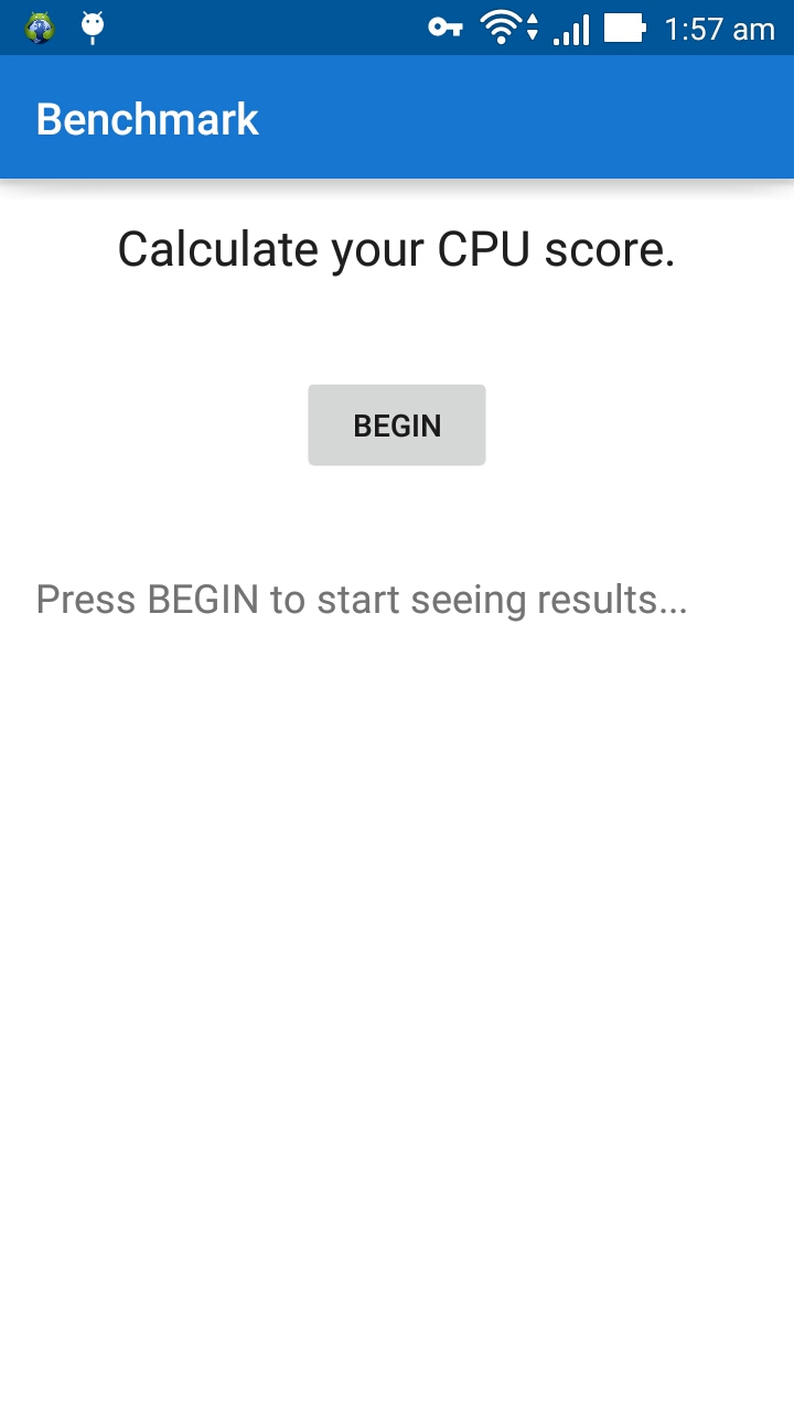 Benchmark app main screen showing CPU performance metrics
